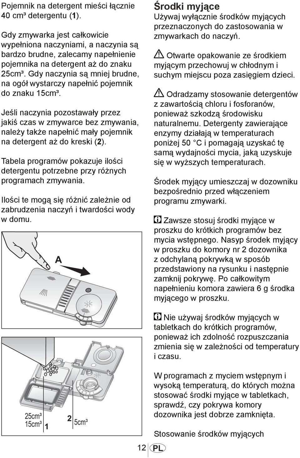 Gdy naczynia są mniej brudne, na ogół wystarczy napełnić pojemnik do znaku 15cm³.