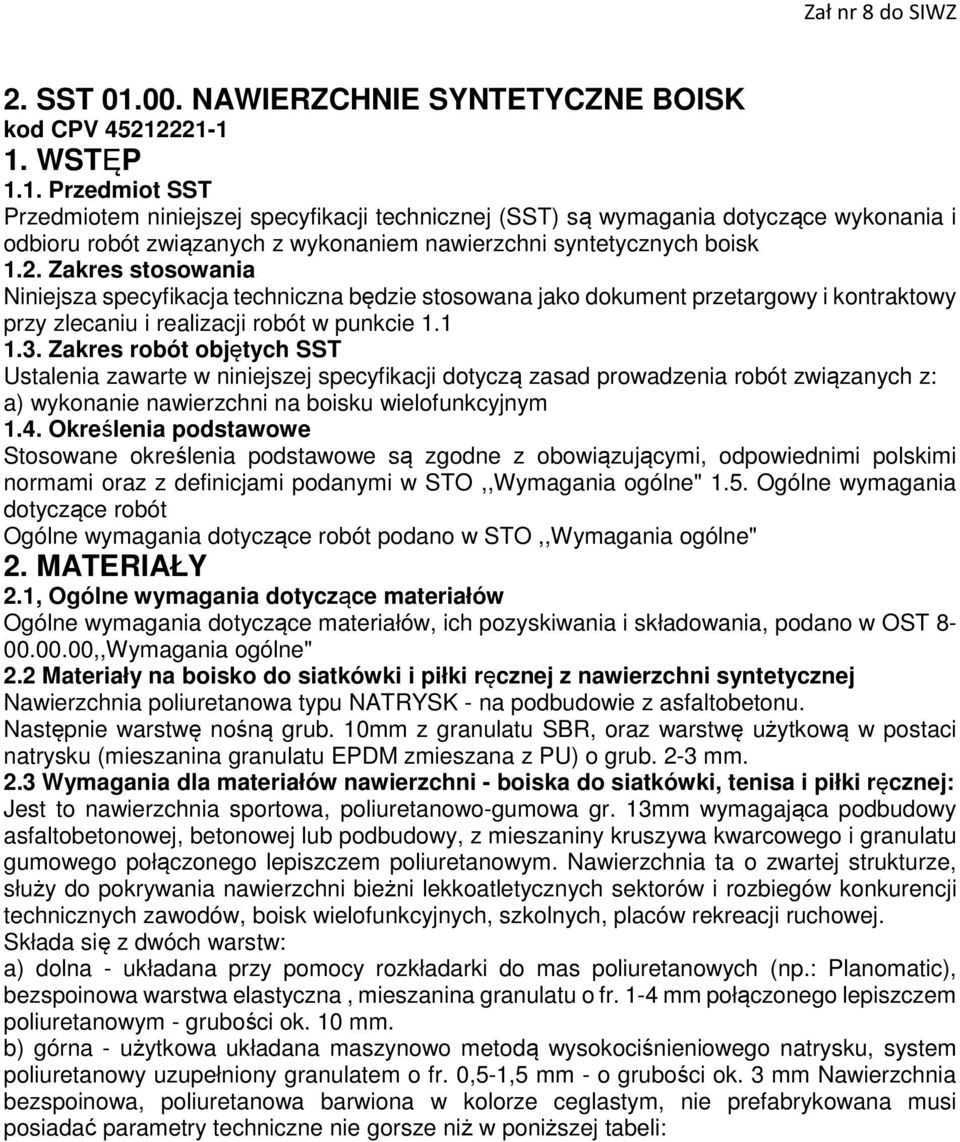 Zakres robót objętych SST Ustalenia zawarte w niniejszej specyfikacji dotyczą zasad prowadzenia robót związanych z: a) wykonanie nawierzchni na boisku wielofunkcyjnym 1.4.