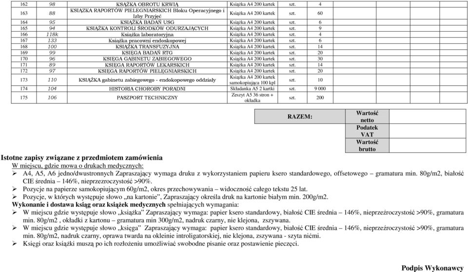 4 167 133 KsiąŜka pracowni endoskopowej KsiąŜka A4 200 kartek szt. 6 168 100 KSIĄśKA TRANSFUZYJNA KsiąŜka A4 200 kartek szt. 14 169 99 KSIĘGA BADAŃ RTG KsiąŜka A4 200 kartek szt.