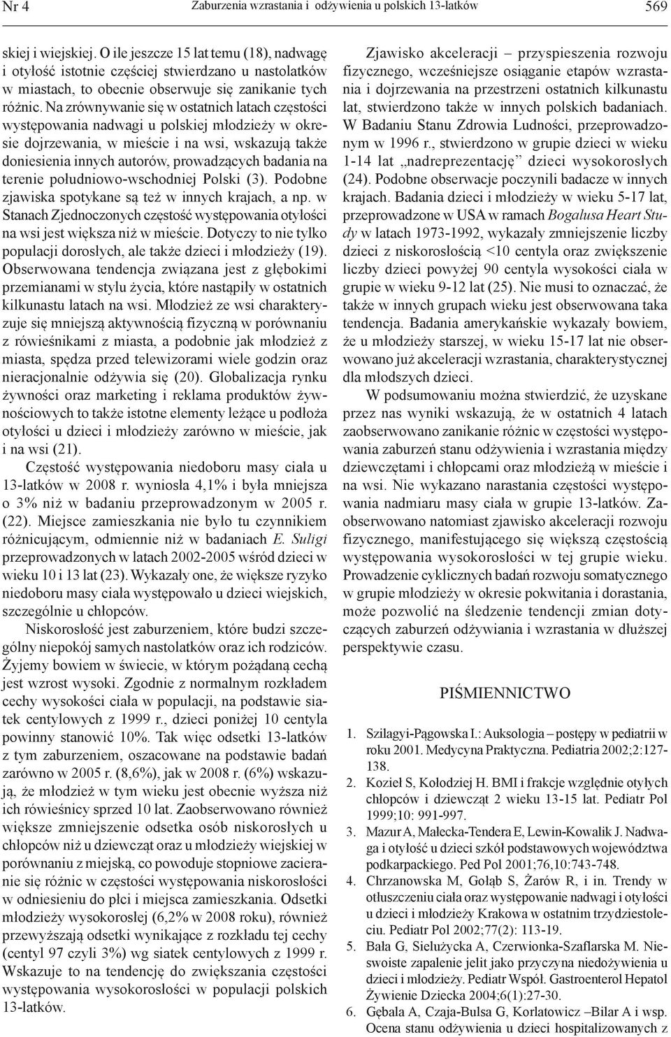 Na zrównywanie się w ostatnich latach częstości występowania nadwagi u polskiej młodzieży w okresie dojrzewania, w mieście i na wsi, wskazują także doniesienia innych autorów, prowadzących badania na