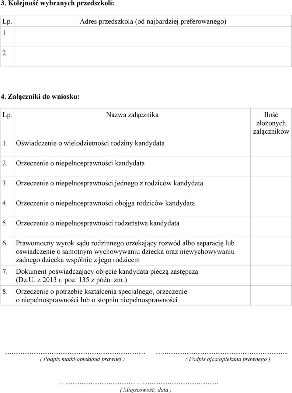 Orzeczenie o niepełnosprawności obojga rodziców kandydata 5. Orzeczenie o niepełnosprawności rodzeństwa kandydata 6.