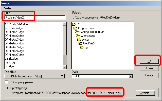 Wybieramy dla nowo tworzonego rysunku plik prototypowy mk2004 2D PL (plaski).