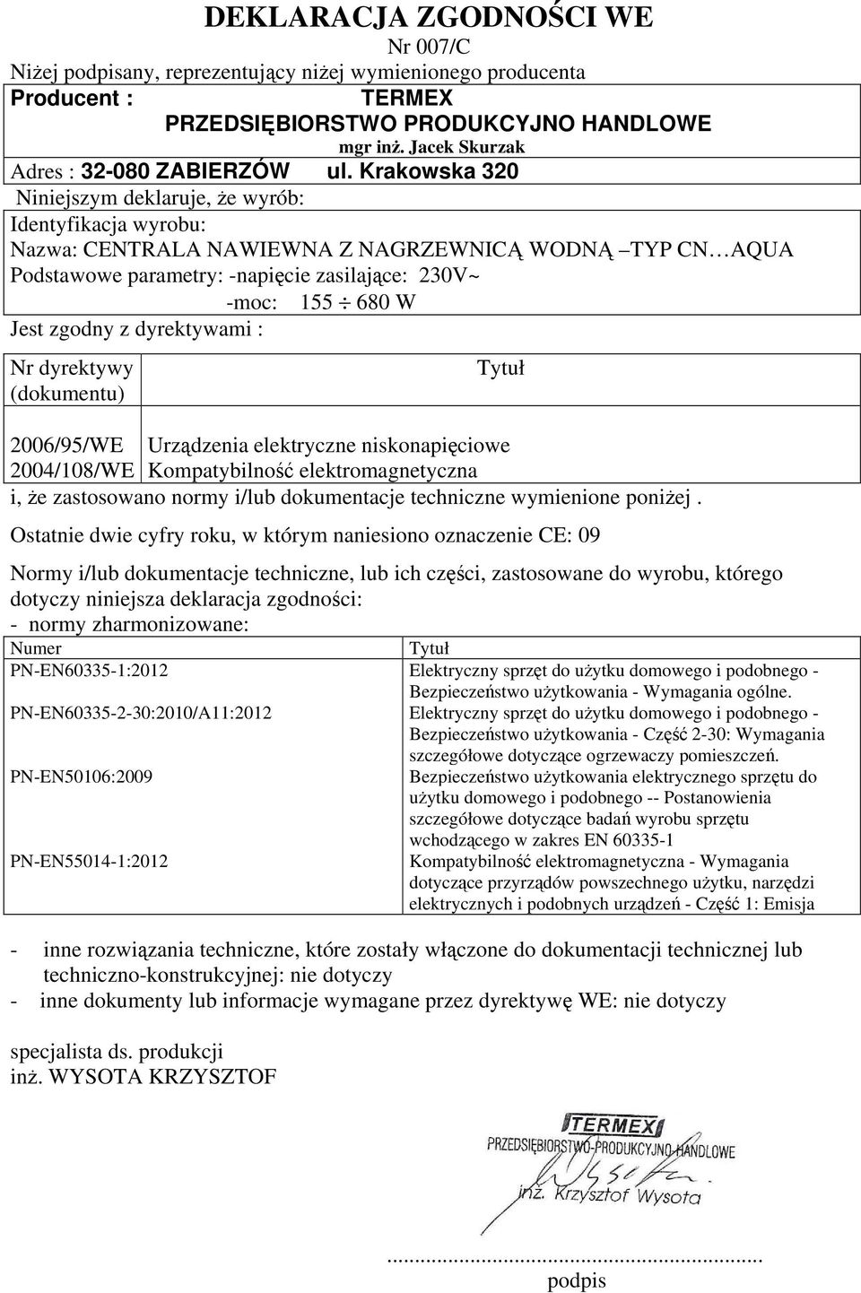 CN AQUA Podstawowe parametry: -napięcie zasilające: 230V~ 155