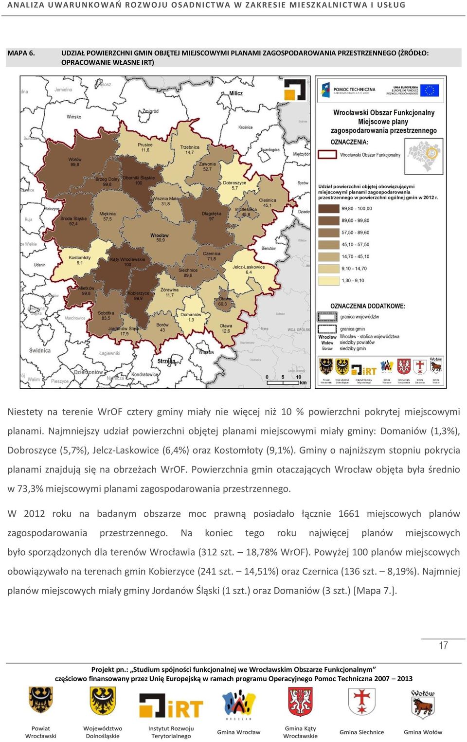 pokrytej miejscowymi planami. Najmniejszy udział powierzchni objętej planami miejscowymi miały gminy: Domaniów (1,3%), Dobroszyce (5,7%), Jelcz-Laskowice (6,4%) oraz Kostomłoty (9,1%).