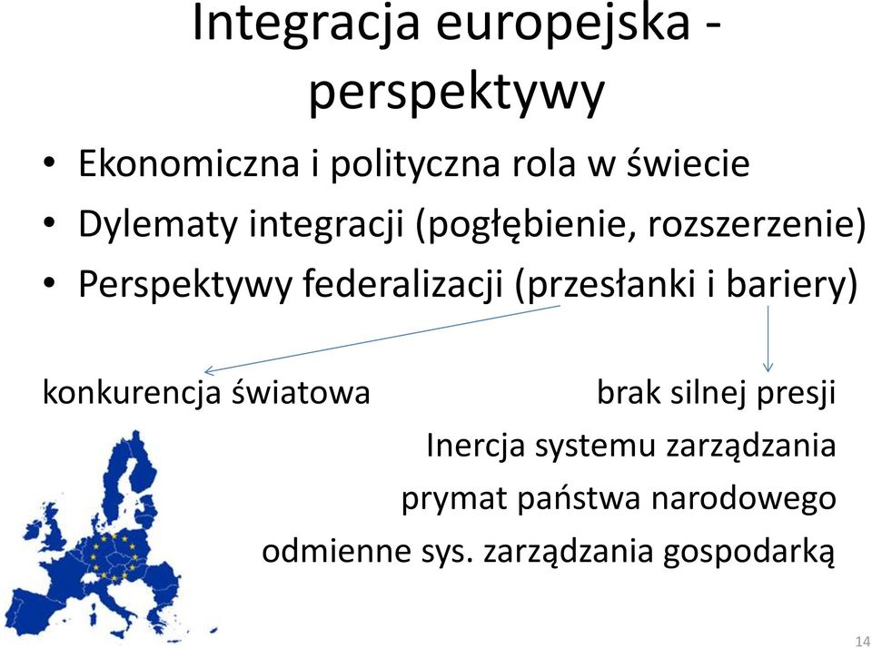 (przesłanki i bariery) konkurencja światowa brak silnej presji Inercja