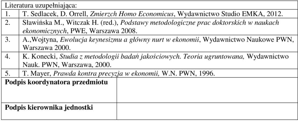 ,Wojtyna, Ewolucja keynesizmu a główny nurt w ekonomii, Wydawnictwo Naukowe PWN, Warszawa 2000. 4. K.