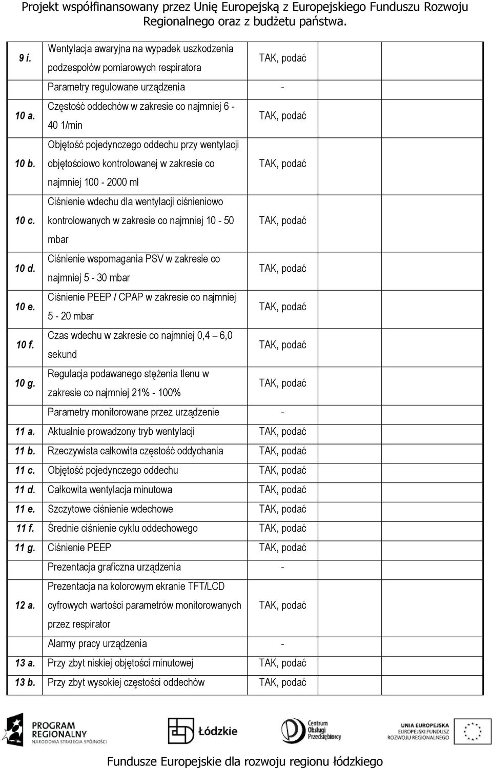 wentylacji objętościowo kontrolowanej w zakresie co najmniej 100-2000 ml Ciśnienie wdechu dla wentylacji ciśnieniowo kontrolowanych w zakresie co najmniej 10-50 mbar Ciśnienie wspomagania PSV w