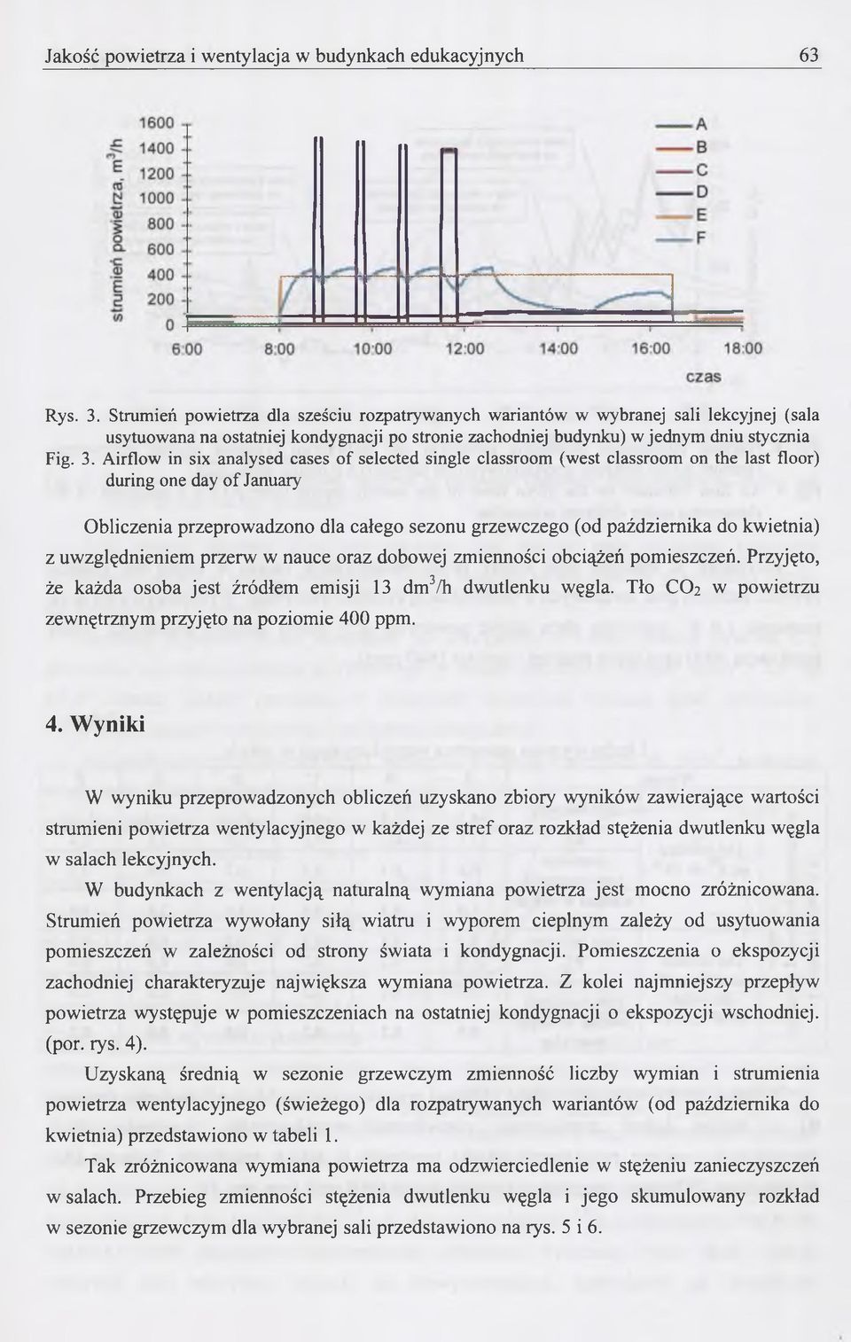 Airflow in six analysed cases of selected single classroom (west classroom on the last floor) during one day of January Obliczenia przeprowadzono dla całego sezonu grzewczego (od października do