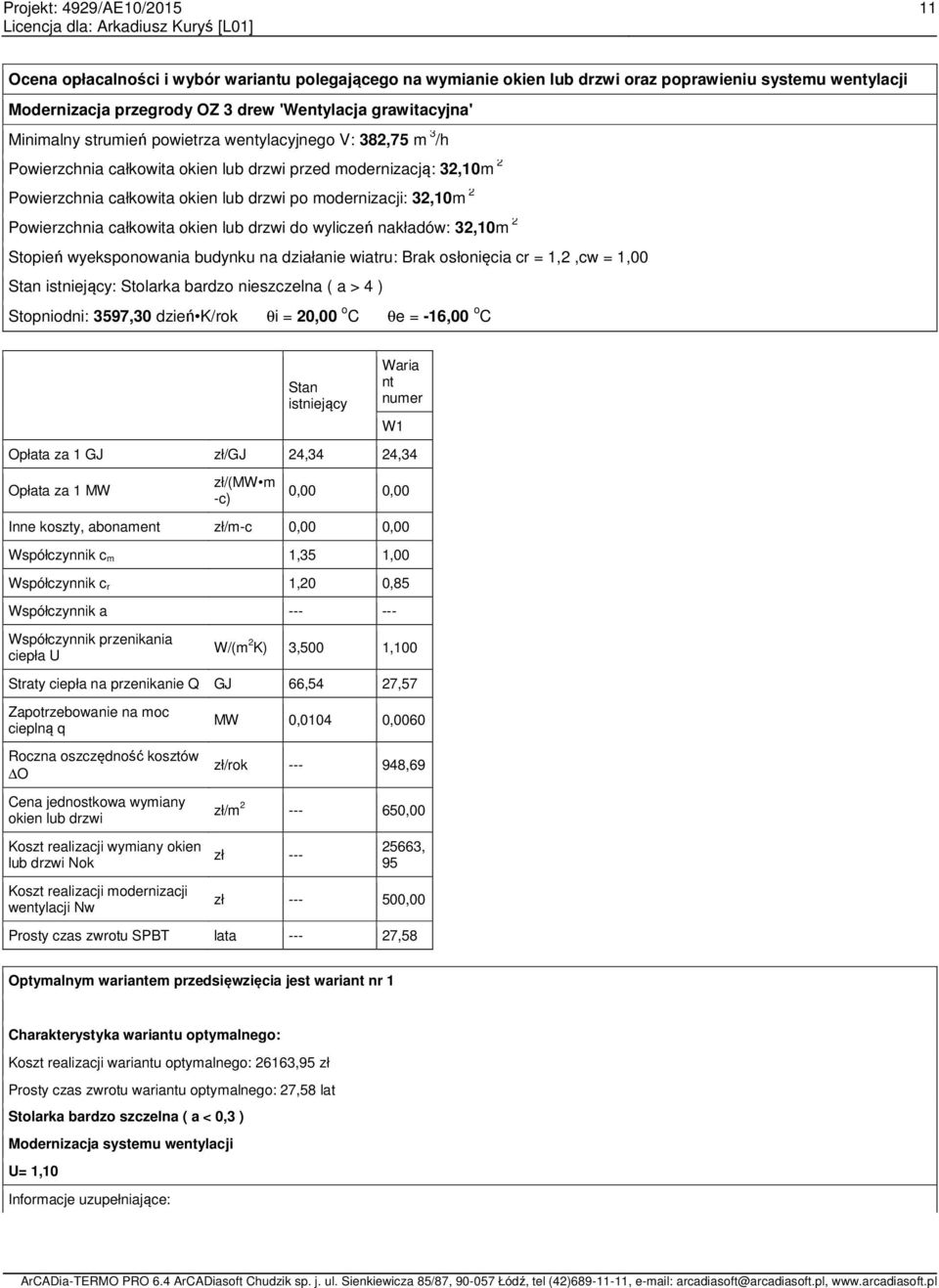 okien lub drzwi do wyliczeń nakładów: 32,10m 2 Stopień wyeksponowania budynku na działanie wiatru: Brak osłonięcia cr = 1,2,cw = 1,00 Stan istniejący: Stolarka bardzo nieszczelna ( a > 4 )