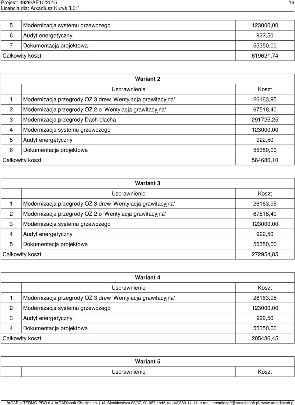 Audyt energetyczny 922,50 6 Dokumentacja projektowa 55350,00 Całkowity koszt 564680,10 Wariant 3 Usprawnienie Koszt 1 Modernizacja przegrody OZ 3 drew 'Wentylacja grawitacyjna' 26163,95 2