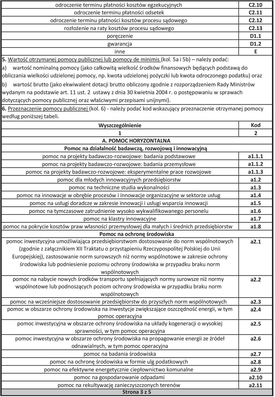 5a i 5b) należy podać: a) wartość nominalną pomocy (jako całkowitą wielkość środków finansowych będących podstawą do obliczania wielkości udzielonej pomocy, np.