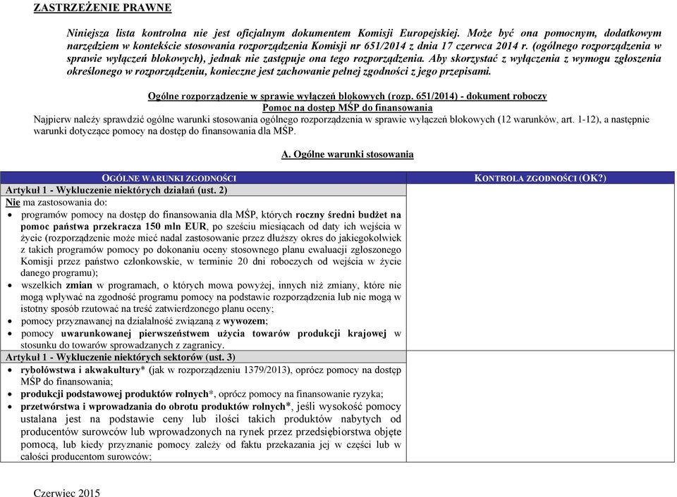 1-12), a następnie warunki dotyczące pomocy na dostęp do finansowania dla MŚP. A. Ogólne warunki stosowania OGÓLNE WARUNKI ZGODNOŚCI Artykuł 1 - Wykluczenie niektórych działań (ust.