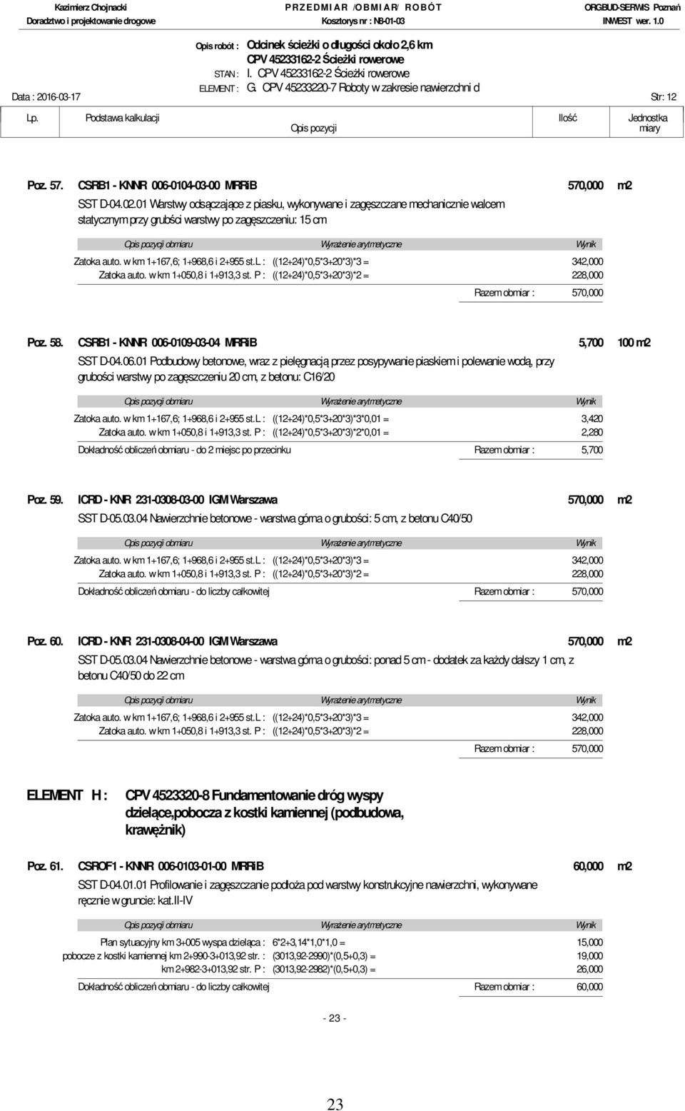 l : ((12+24)*0,5*3+20*3)*3 = 342,000 Zatoka auto. w km 1+050,8 i 1+913,3 st. P : ((12+24)*0,5*3+20*3)*2 = 228,000 Razem obmiar : 570,000 Poz. 58.