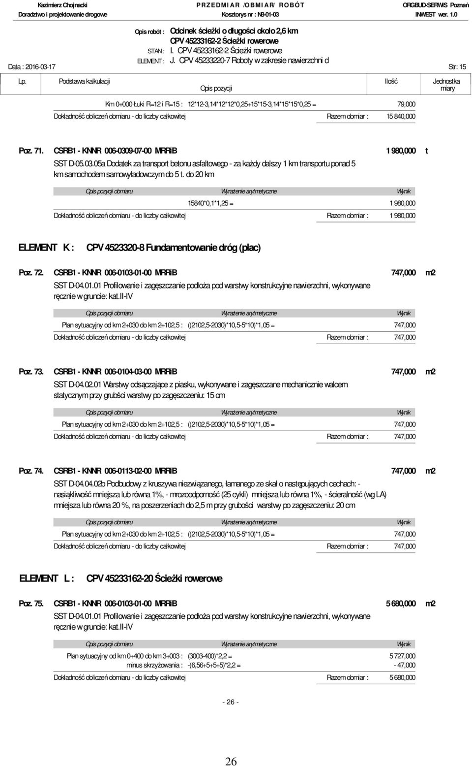 całkowitej Razem obmiar : 15 840,000 Poz. 71. CSRB1 - KNNR 006-0309-07-00 MRRiB 1 980,000 t SST D-05.03.05a Dodatek za transport betonu asfaltowego - za każdy dalszy 1 km transportu ponad 5 km samochodem samowyładowczym do 5 t.