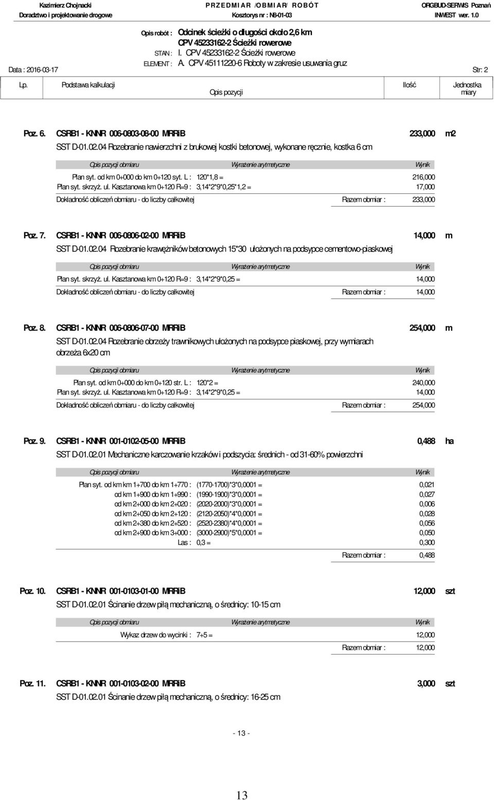 Kasztanowa km 0+120 R=9 : 3,14*2*9*0,25*1,2 = 17,000 Dokładność obliczeń obmiaru - do liczby całkowitej Razem obmiar : 233,000 Poz. 7. CSRB1 - KNNR 006-0806-02-