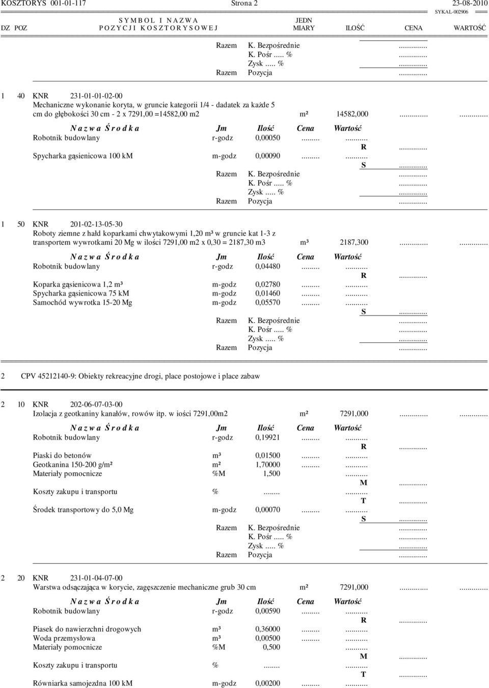 ... 1 50 KNR 201-02-13-05-30 Roboty ziemne z hałd koparkami chwytakowymi 1,20 m³ w gruncie kat 1-3 z transportem wywrotkami 20 Mg w ilości 7291,00 m2 x 0,30 = 2187,30 m3 m³ 2187,300.
