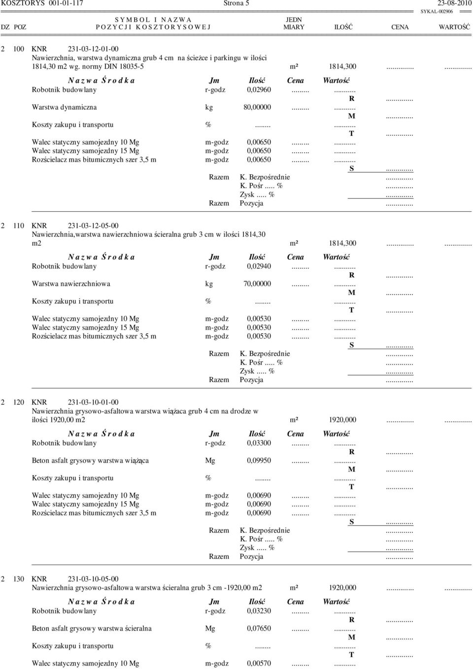 ... Rozścielacz mas bitumicznych szer 3,5 m m-godz 0,00650.... 2 110 KNR 231-03-12-05-00 Nawierzchnia,warstwa nawierzchniowa ścieralna grub 3 cm w ilości 1814,30 m2 m² 1814,300.