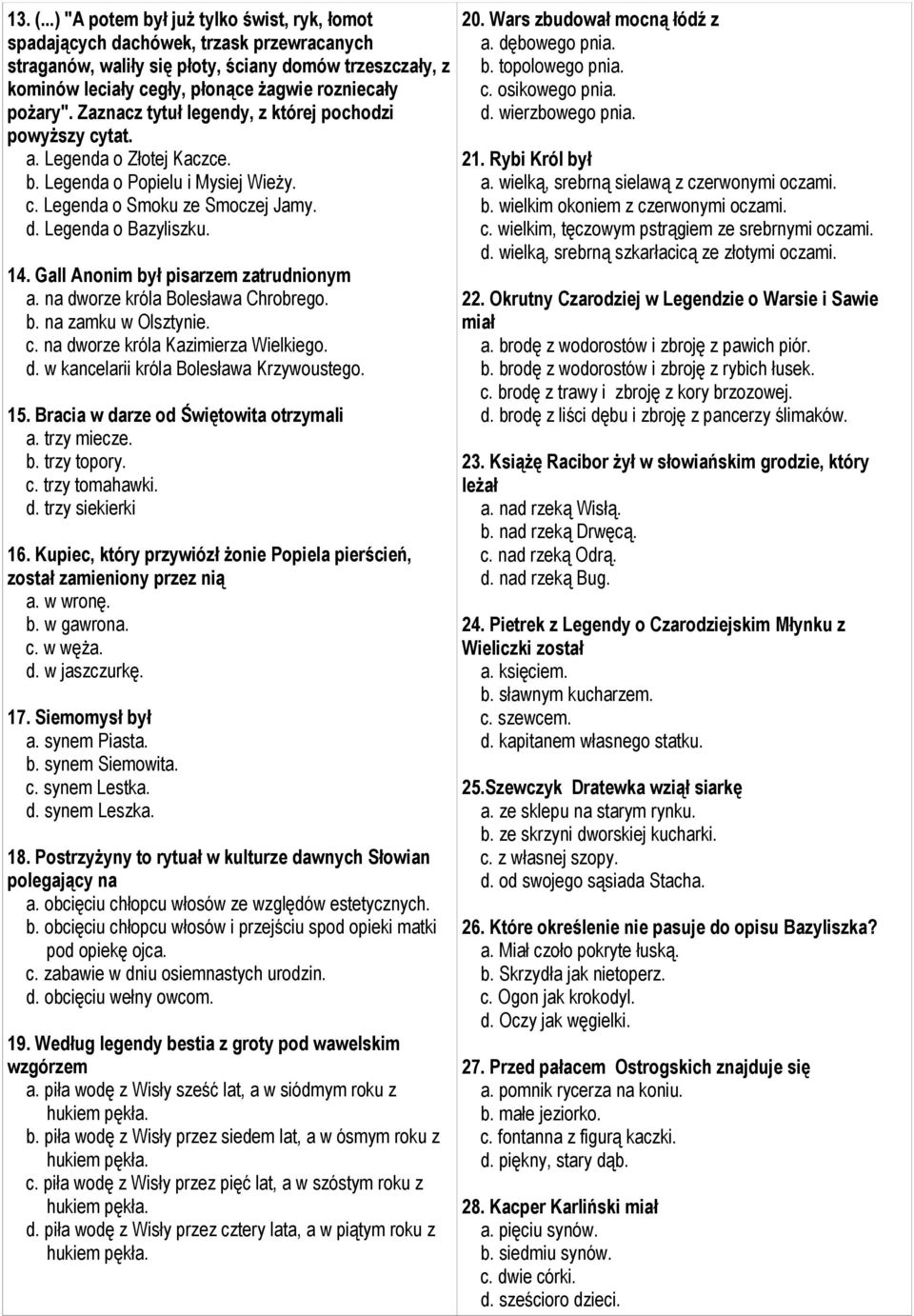 Zaznacz tytuł legendy, z której pochodzi powyższy cytat. a. Legenda o Złotej Kaczce. b. Legenda o Popielu i Mysiej Wieży. c. Legenda o Smoku ze Smoczej Jamy. d. Legenda o Bazyliszku. 14.