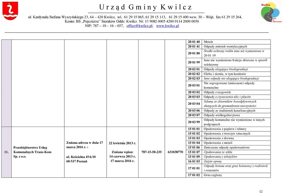 787-15-50-235 631038770 20 01 40 Metale 20 01 41 Odpady zmiotek wentylacyjnych 20 01 80 Środki ochrony roślin inne niż wymienione w 20 01 19 20 01 99 Inne nie wymienione frakcje zbierane w sposób