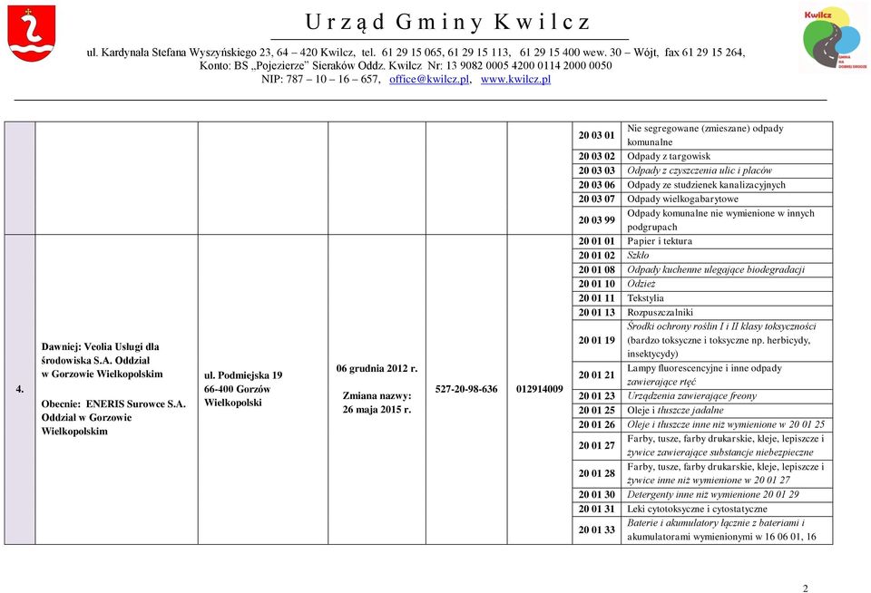 527-20-98-636 012914009 20 03 01 Nie segregowane (zmieszane) odpady komunalne 20 03 02 Odpady z targowisk 20 03 03 Odpady z czyszczenia ulic i placów 20 03 06 Odpady ze studzienek kanalizacyjnych 20