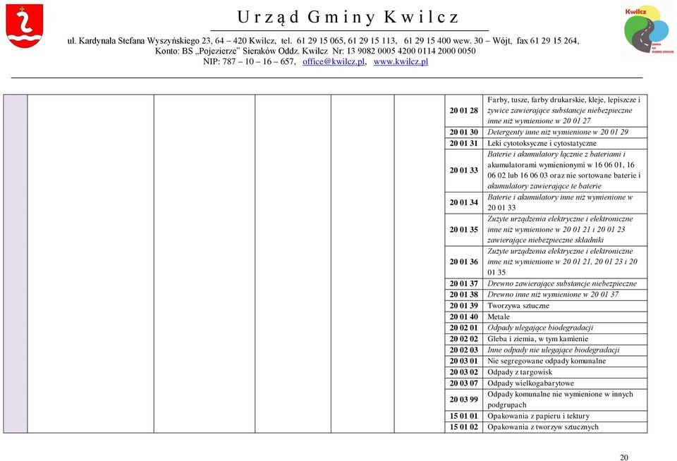 20 01 34 Baterie i akumulatory inne niż wymienione w 20 01 35 inne niż wymienione w 20 01 21 i 20 01 23 zawierające niebezpieczne składniki 20 01 36 inne niż wymienione w 20 01 21, 20 01 23 i 20 01