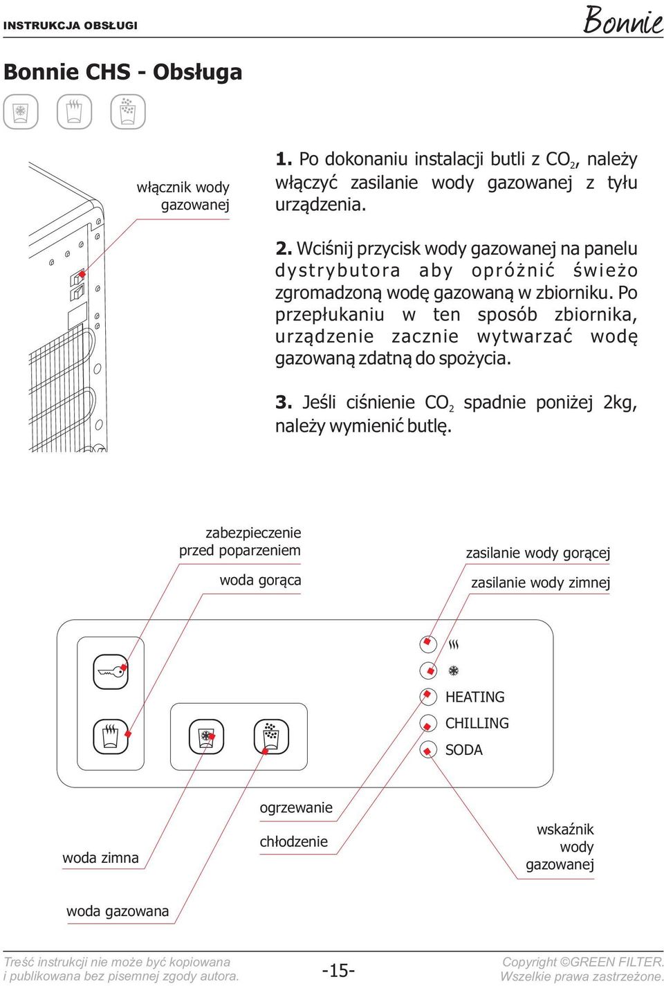 Wciśnij przycisk wody gazowanej na panelu dystrybutora aby opróżnić świeżo zgromadzoną wodę gazowaną w zbiorniku.