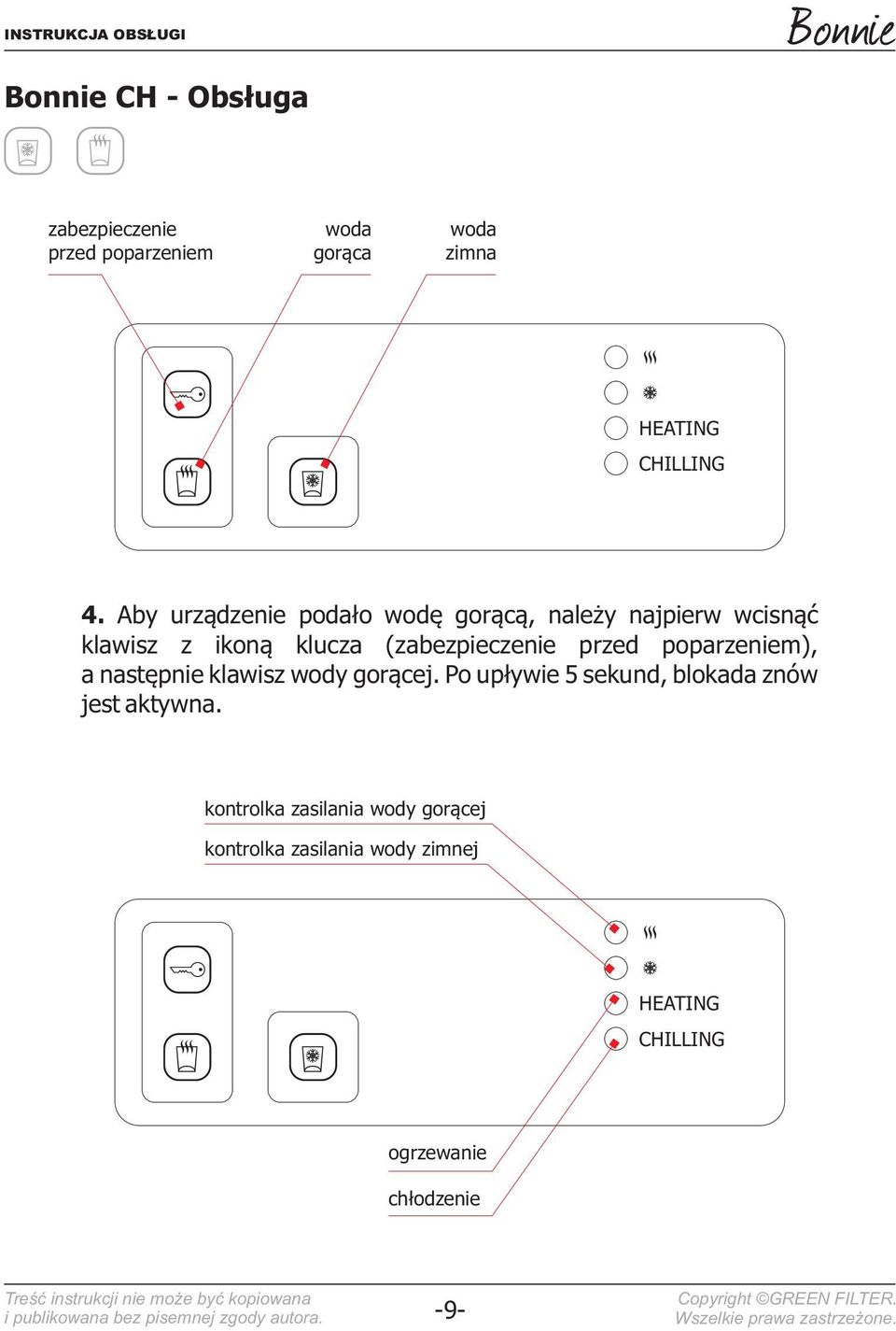 przed poparzeniem), a następnie klawisz wody gorącej. Po upływie 5 sekund, blokada znów jest aktywna.