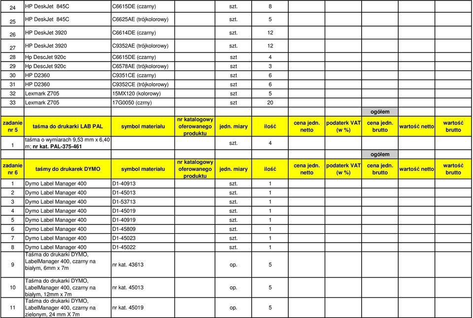 (kolorowy) szt 5 33 Lexmark Z705 17G0050 (czrny) szt 20 zadanie nr 5 1 zadanie nr 6 taśma do drukarki LAB PAL taśma o wymiarach 9,53 mm x 6,40 m; nr kat.