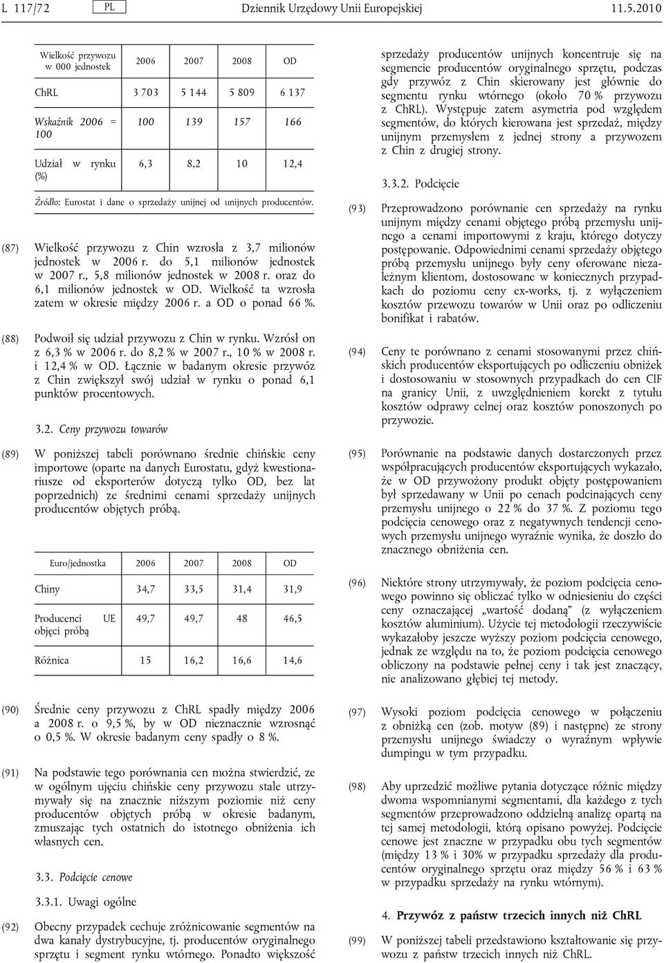 unijnych producentów. (87) Wielkość przywozu z Chin wzrosła z 3,7 milionów jednostek w 2006 r. do 5,1 milionów jednostek w 2007 r., 5,8 milionów jednostek w 2008 r.