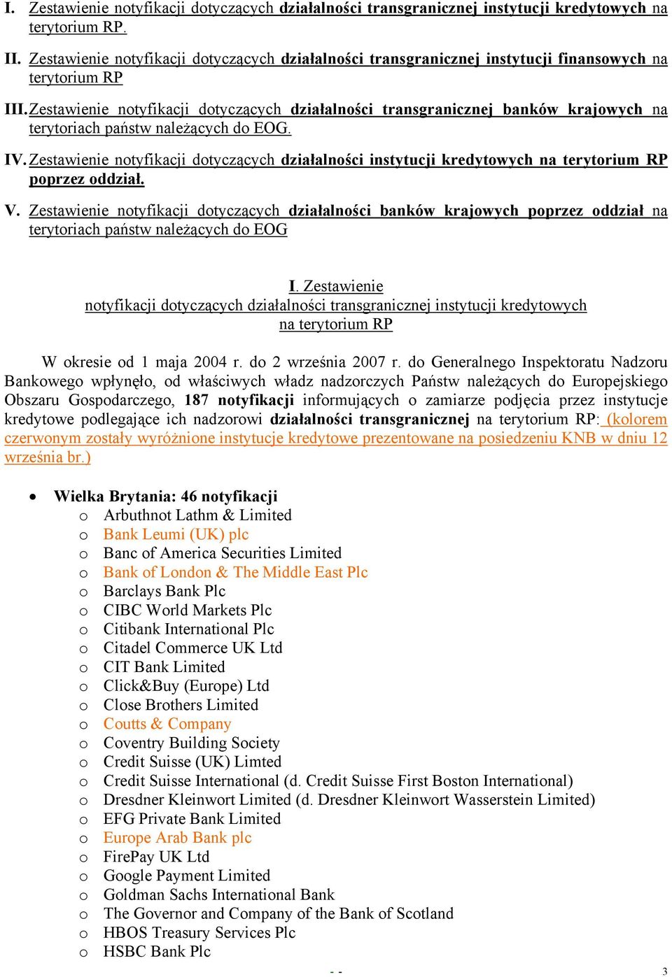 Zestawienie notyfikacji dotyczących działalności transgranicznej banków krajowych na terytoriach państw należących do EOG. IV.