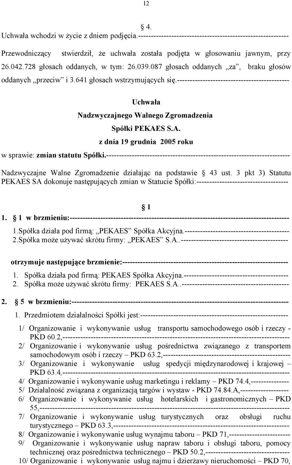 -------------------------------------------- Uchwała Nadzwyczajnego Walnego Zgromadzenia Spółki PEKAES S.A. z dnia 19 grudnia 2005 roku w sprawie: zmian statutu Spółki.