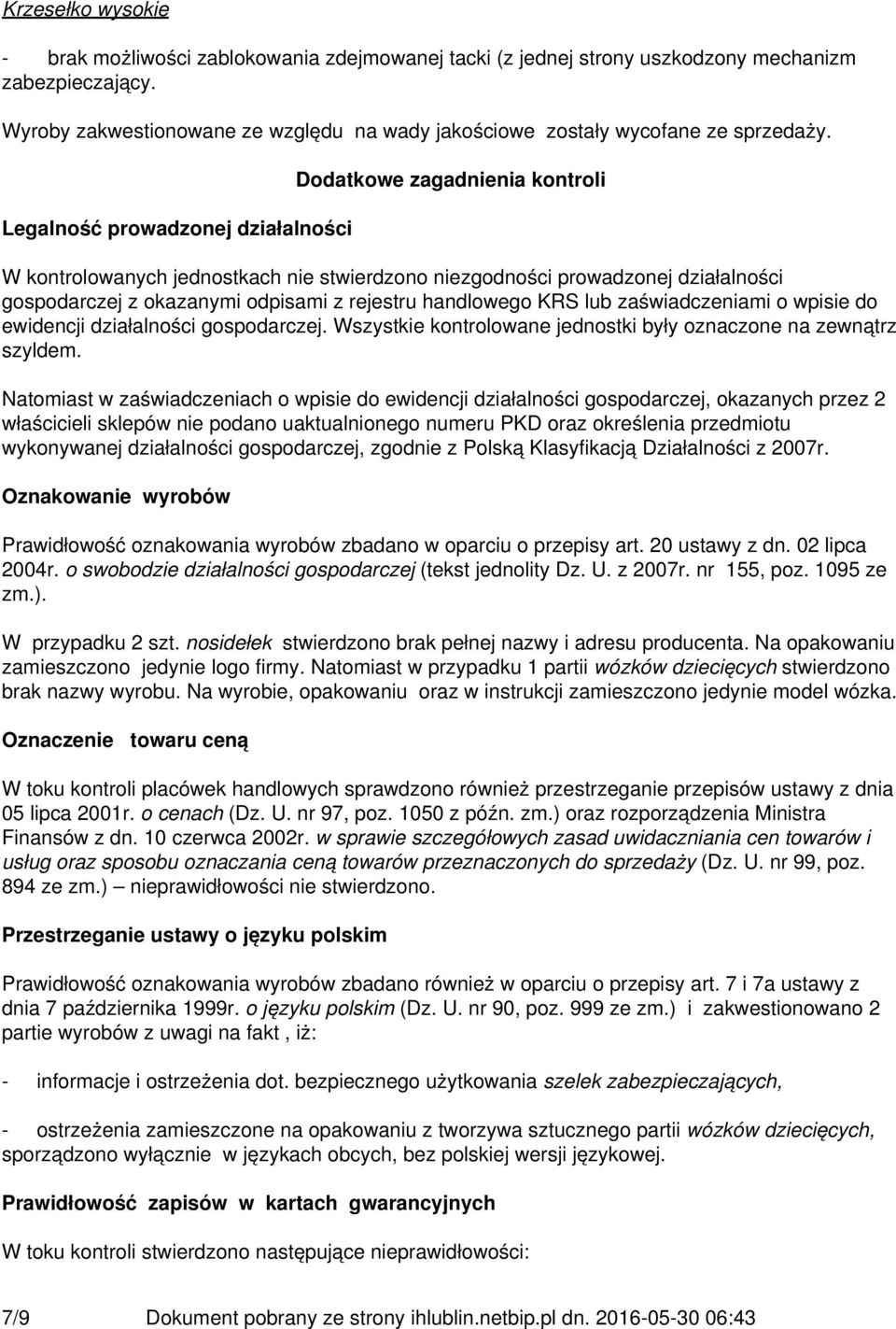 Legalność prowadzonej działalności Dodatkowe zagadnienia kontroli W kontrolowanych jednostkach nie stwierdzono niezgodności prowadzonej działalności gospodarczej z okazanymi odpisami z rejestru