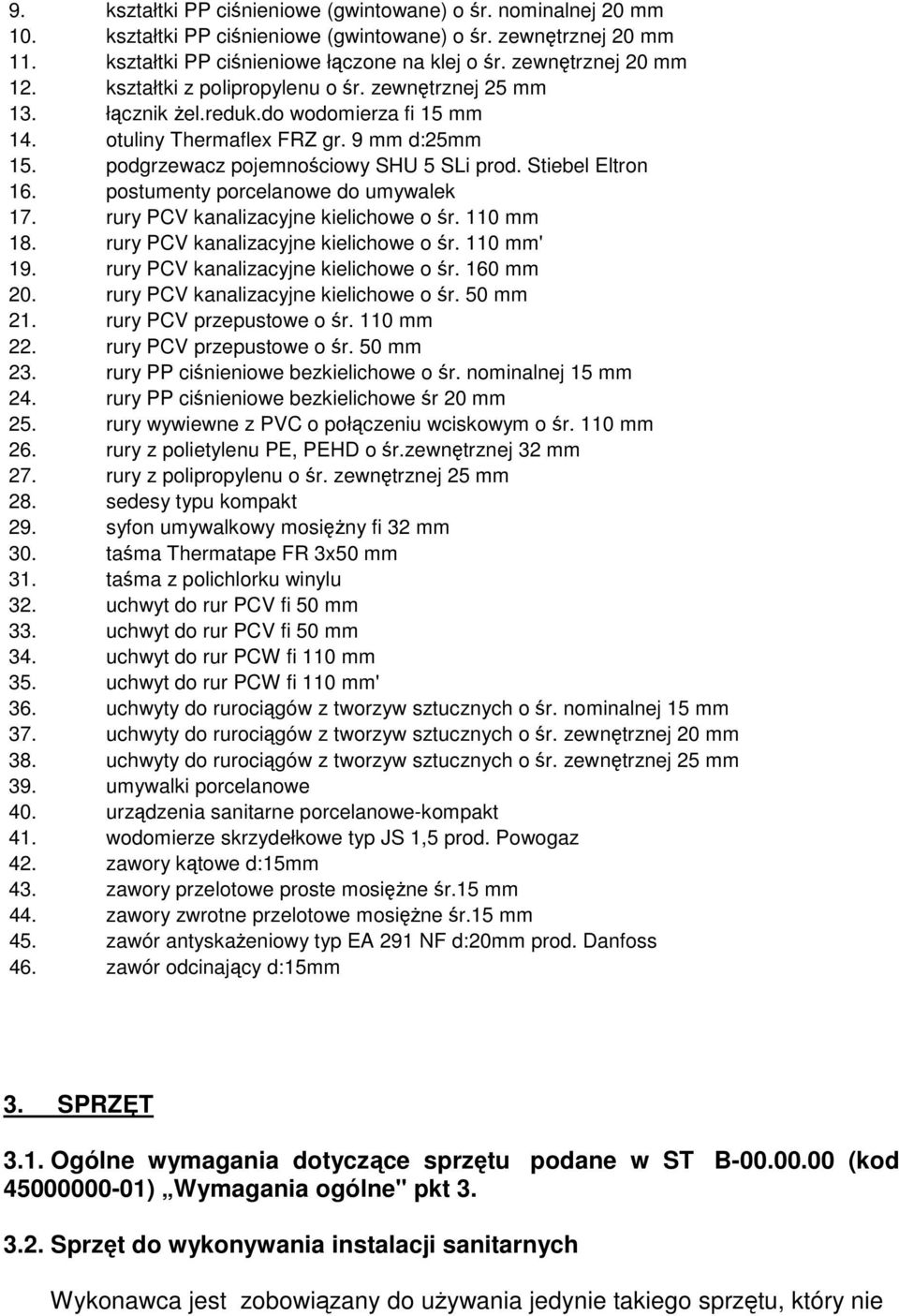 podgrzewacz pojemnościowy SHU 5 SLi prod. Stiebel Eltron 16. postumenty porcelanowe do umywalek 17. rury PCV kanalizacyjne kielichowe o śr. 110 mm 18. rury PCV kanalizacyjne kielichowe o śr. 110 mm' 19.