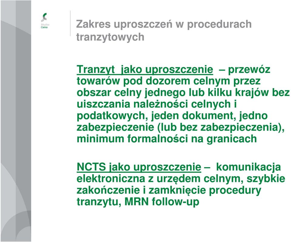 dokument, jedno zabezpieczenie (lub bez zabezpieczenia), minimum formalności na granicach NCTS jako