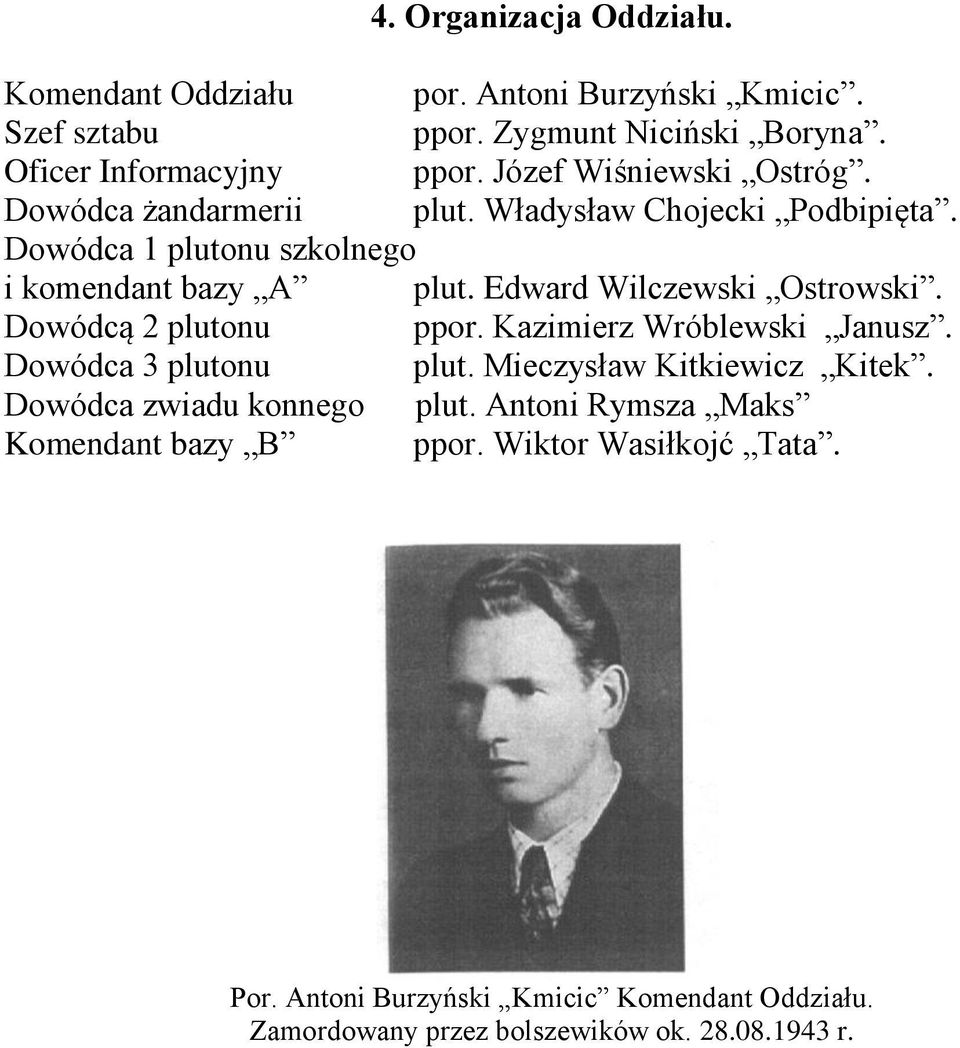 Edward Wilczewski Ostrowski. Dowódcą 2 plutonu ppor. Kazimierz Wróblewski Janusz. Dowódca 3 plutonu plut. Mieczysław Kitkiewicz Kitek.