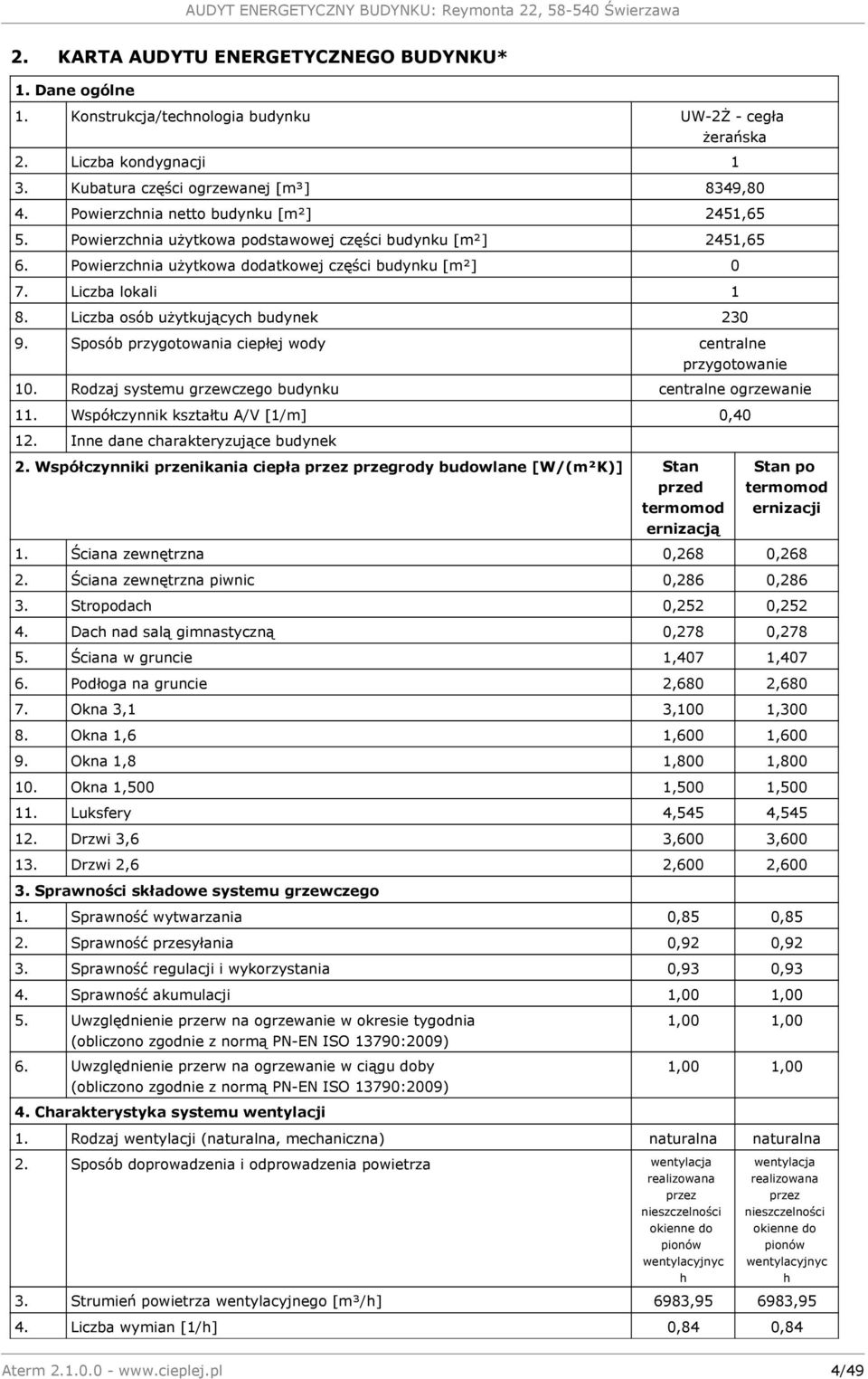 Liczba osób użytkujących budynek 230 9. Sposób przygotowania ciepłej wody centralne przygotowanie 10. Rodzaj systemu grzewczego budynku centralne ogrzewanie 11.