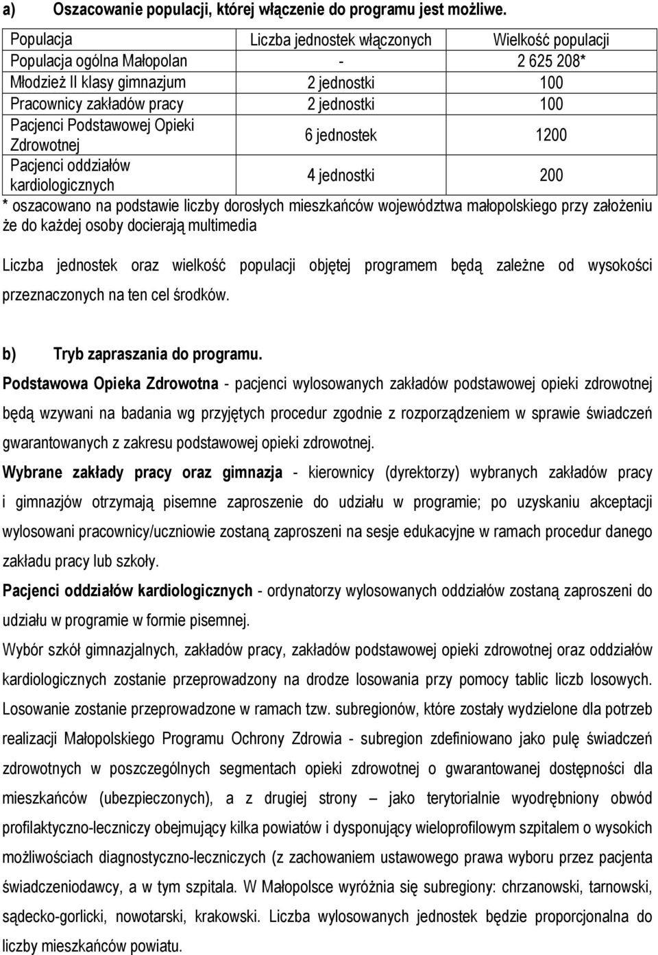 Podstawowej Opieki Zdrowotnej 6 jednostek 1200 Pacjenci oddziałów kardiologicznych 4 jednostki 200 * oszacowano na podstawie liczby dorosłych mieszkańców województwa małopolskiego przy załoŝeniu Ŝe