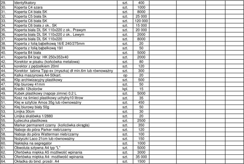 20 39. Koperta z folią bąbelkową 19/l szt. 50 40. Koperta B4 biała szt. 5000 41. Koperta B4 brąz HK 250x353x40 szt. 2000 42. Korektor w pisaku (końcówka metalowa) szt. 80 43.