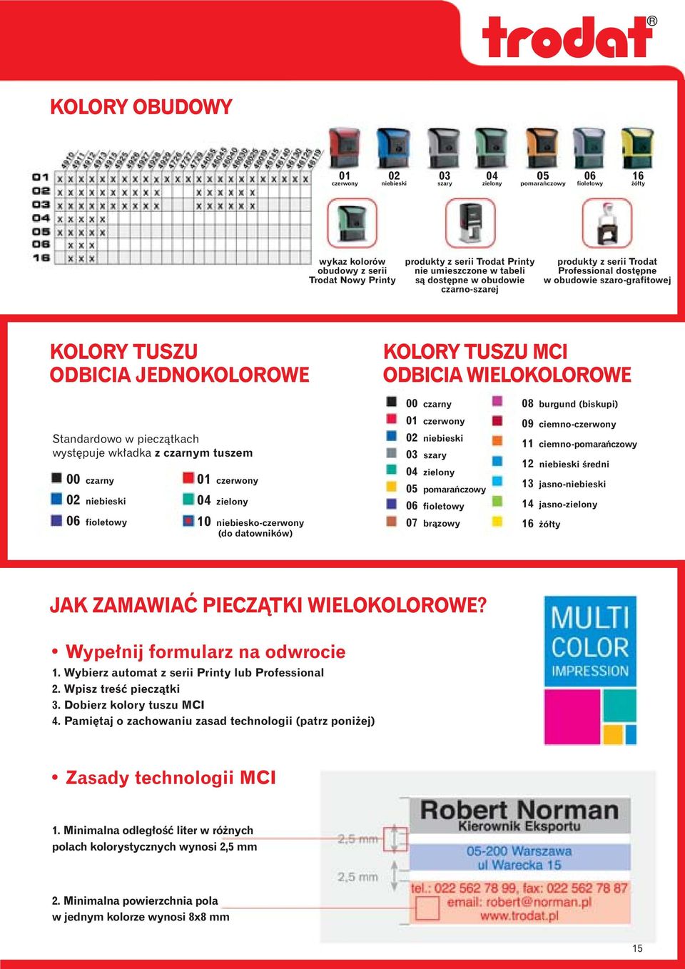 Standardowo w pieczàtkach wyst puje wk adka z czarnym tuszem 00 czarny 02 niebieski 06 fioletowy 01 czerwony 04 zielony 10 niebiesko-czerwony (do datowników) 00 czarny 01 czerwony 02 niebieski 03