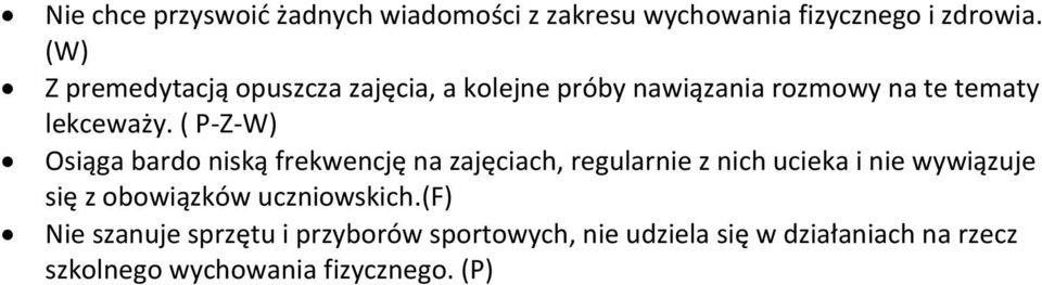 ( P-Z-W) Osiąga bardo niską frekwencję na zajęciach, regularnie z nich ucieka i nie wywiązuje się z