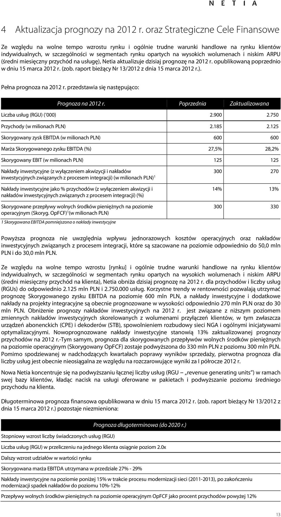 wolumenach i niskim ARPU (średni miesięczny przychód na usługę), Netia aktualizuje dzisiaj prognozę na r. opublikowaną poprzednio w dniu 15 marca r. (zob. raport bieżący Nr 13/ z dnia 15 marca r.). Pełna prognoza na r.