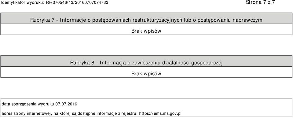 działalności gospodarczej data sporządzenia wydruku 07.