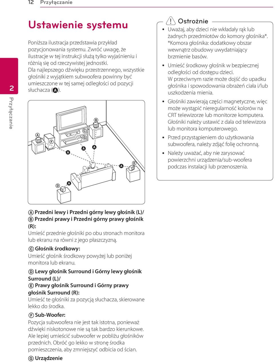 Dla najlepszego dźwięku przestrzennego, wszystkie głośniki z wyjątkiem subwoofera powinny być umieszczone w tej samej odległości od pozycji słuchacza (A).