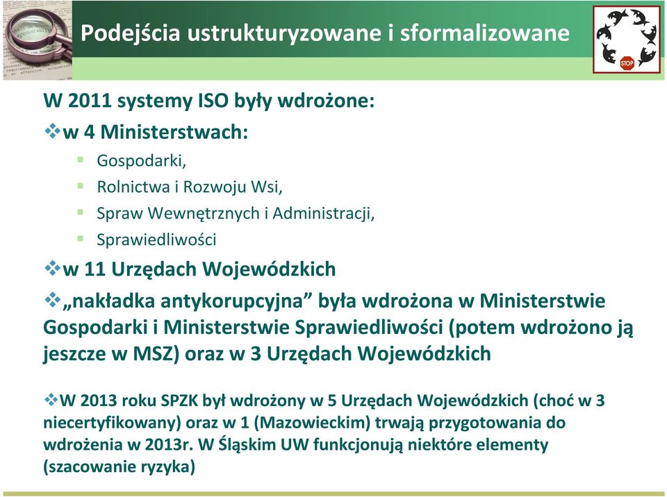 Ministerstwie Sprawiedliwości (potem wdrożono ją jeszcze w MSZ) oraz w 3 Urzędach Wojewódzkich W 2013 roku SPZK byłwdrożony w 5 Urzędach