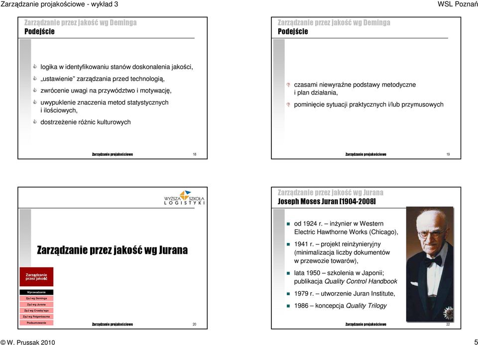projakościowe 19 wg Jurana Joseph Moses Juran [1904-2008] od 1924 r. inŝynier w Western Electric Hawthorne Works (Chicago), wg Jurana 1941 r.