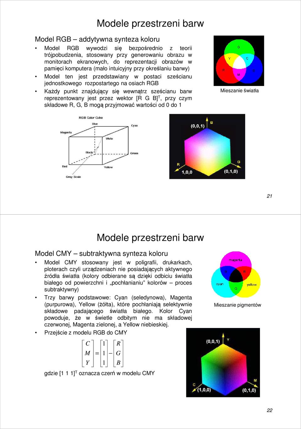 jest przez wektor [R G B] T, przy czym składowe R, G, B mogą przyjmować wartości od 0 do 1 Mieszanie światła 21 Model CMY subtraktywna synteza koloru Model CMY stosowany jest w poligrafii,
