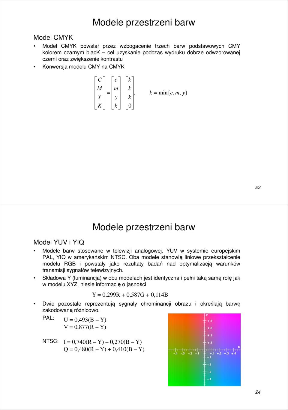 Oba modele stanowią liniowe przekształcenie modelu RGB i powstały jako rezultaty badań nad optymalizacją warunków transmisji sygnałów telewizyjnych.