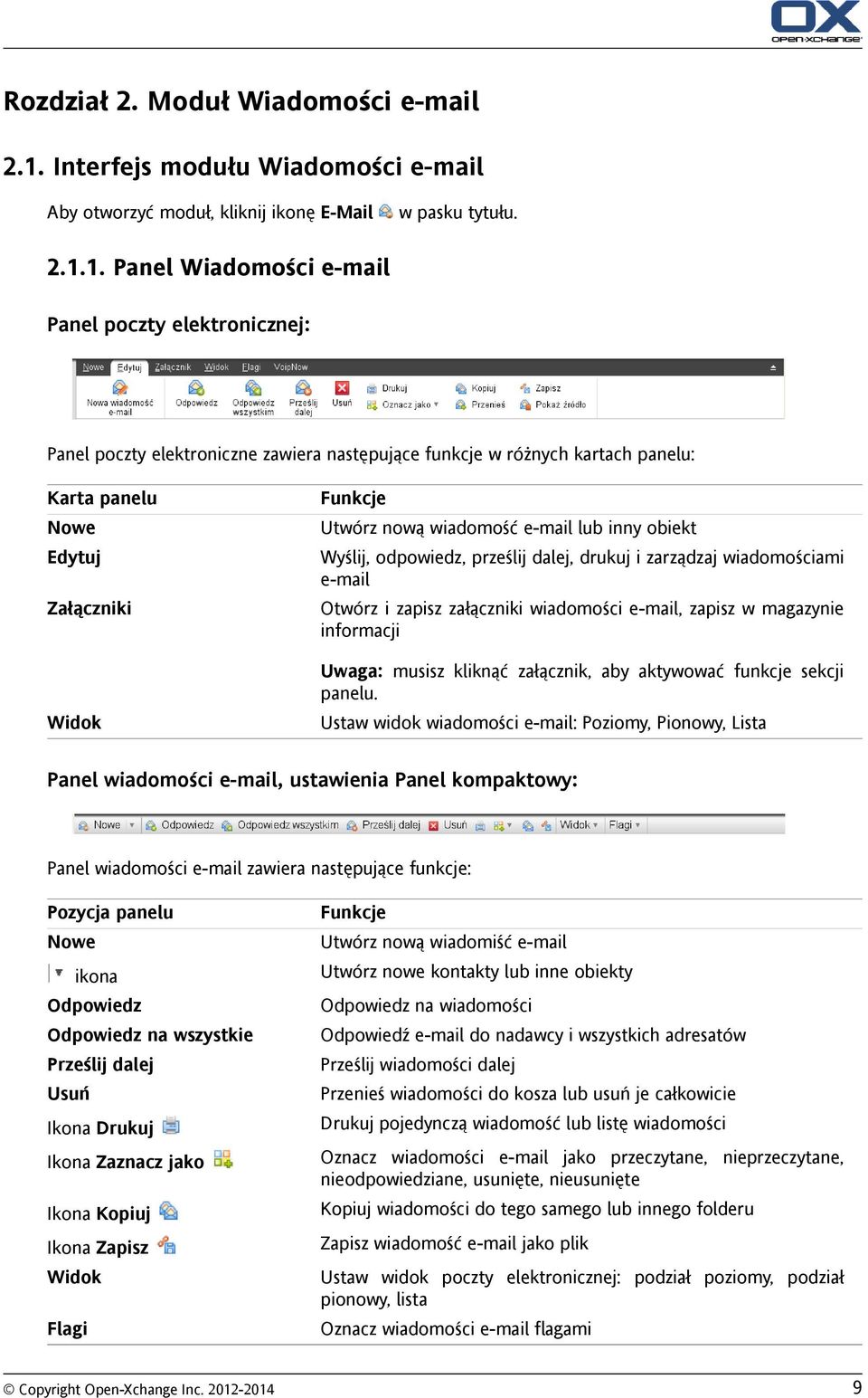 1. Panel Wiadomości e-mail Panel poczty elektronicznej: Panel poczty elektroniczne zawiera następujące funkcje w różnych kartach panelu: Karta panelu Nowe Edytuj Załączniki Widok Funkcje Utwórz nową