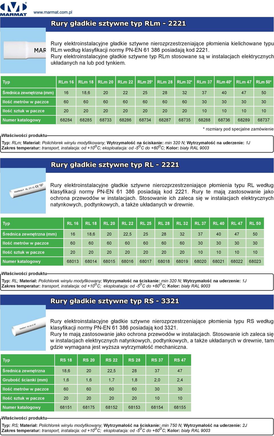 Typ RLm 16 RLm 18 RLm 20 RLm 22 RLm 25* RLm 28 RLm 32* RLm 37 RLm 40* RLm 47 RLm 50* Średnica zewnętrzna (mm) 16 18,6 20 22 25 28 32 37 40 47 50 Ilość metrów w paczce 60 60 60 60 60 60 60 30 30 30 30