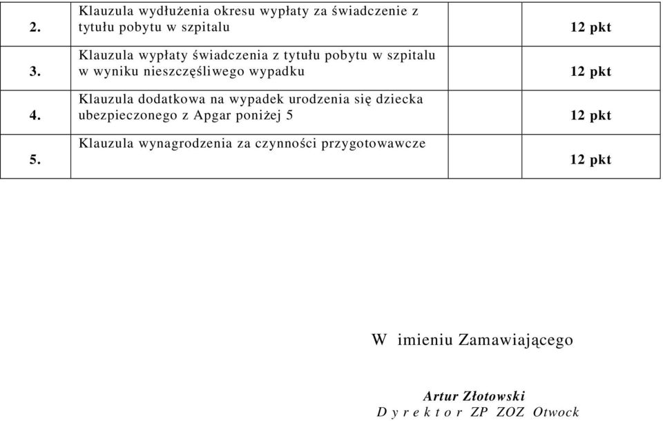 świadczenia z tytułu pobytu w szpitalu w wyniku nieszczęśliwego wypadku Klauzula dodatkowa na